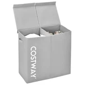 Costway Koš za perilo 105 l z lesenim pokrovom in 2 predeloma, siva