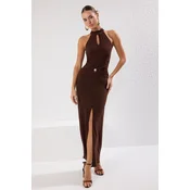 Trendyol Brown Accessory Detail Knitted Long Elegant Evening Dress & Graduation Dress