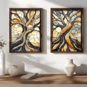 WallXpert set uramljenih MDF slika NAL191-46, stilizovano drvo u stilu vitraža u bež, plavoj i narandžastoj, 2 x 35,5 x 47 cm