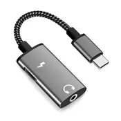 USB-C v AUX 3.5mm audio kabel Techsuit AcustiCore AC22 Hi-Fi zvok, DAC čip, hitro polnjenje - siv