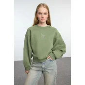 Trendyol Khaki Crew Neck Regular Fit Embroidered Thick Inside Fleece Knitted Sweatshirt