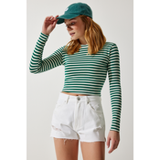 Happiness Istanbul Womens Dark Green Crew Neck Striped Crop Knitted Blouse