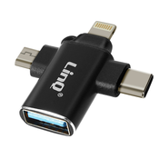 LINQ USB-C, Micro-USB in Lightning na USB 3.0 ženski OTG adapter, kompakten dizajn 3-v-1, LinQ - crn, (21262080)