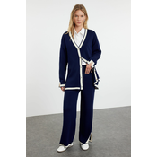 Trendyol Navy Blue Color Blocked Knitwear Cardigan Trousers Bottom-Top Set