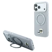 Karl Lagerfeld PU Grained K&CH Heads Ring Stand Magsafe zadnji ovitek za iPhone 18 Pro Max siv