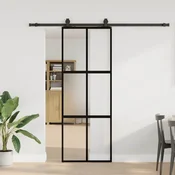 Vidaxl Drsna vrata z opremo črna 76x205 cm kaljeno steklo