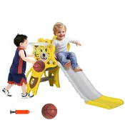 AIYAPLAY Tobogan za otroke 18-36 mesecev z bočnim košem za košarko, tobogan iz plastike, 131x50x74 cm, rumena in siva