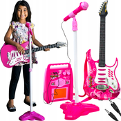 Djecji set LED mikrofon za elektricnu gitaru i MP3 pojacalo roza