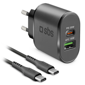 SBS - 18W USB polnilec, USB-C + kabel USB-C / USB-C, črn