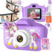 Otroški LCD 40MPix digitalni fotoaparat samorog USB vijoličen + 32GB SD kartica