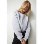Happiness Istanbul Womens Gray Melange Framed Crop Sweatshirt