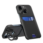 HURTEL Usnjen ovitek s stojalom za iPhone 14, etui z denarnico za kartice, črn