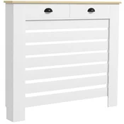 HOMCOM Moderni radiatorski pokrov z letvicami, moderni radiatorski pokrov z rešetko z antiprevrnitvijo in 2 predaloma iz MDF, za dom in pisarno, 111x19x95.5 cm, bela