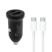 Auto Punjac 30W USB-A + Type-C ulaz sa Type-C na Type-C kablom/ siva