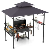 Costway Barbecue nadstrešek 242x153 cm temno siv z 2 stranskima policama in košaro za shranjevanje