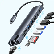 Adapter-konverter Zeus 8 in 1/RJ45/SD readr/Micro SD reade/USB 3.0 x 2/HDMI/USB-C/USB-C PD/Aliminium