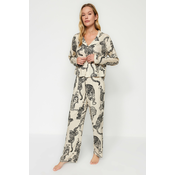 Trendyol Cream Leopard Patterned Viscose Shirt-Pants Woven Pajama Set