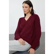 Trendyol Burgundy Openwork/Hole V Neck Knitwear Sweater
