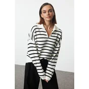 Trendyol Ecru Wide Pattern Polo Collar Striped Knitwear Sweater