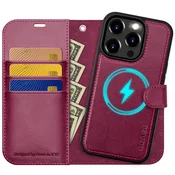 OCASE snemljiv ovitek/denarnica za iPhone 15 Pro – bordo, MagSafe