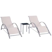 OUTSUNNY Set 2 vrtni ležalnik in steklena mizica, sončni ležalnik z zračnim blagom, 59x169x66cm, krem