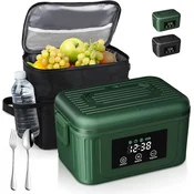 Prenosni električni lunch box Malica na baterijo zelena 1,4 L, nerjaveče jeklo 304, baterija 18000 mAh, do 70 min segrevanja, USB-C polnjenje, časovni programator, izolirana torba, hladilni vložek
