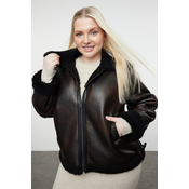 Trendyol Curve Brown Regular Fit Faux Leather Biker Coat with Fur Detail