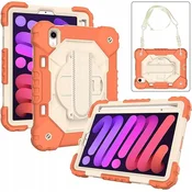 Nikcorp Vzdržljiv zaščitni etui za iPad Mini 6 8,3 s 360° vrtljivim stojalom, ročajem in snemljivim naramnim pasom, oranžen
