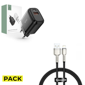 PACK BASEUS CAFULE METAL LIGHTNING CABLE 2.4A 25CM BLACK + OMREŽNI POLNILEC TECH-PROTECT C20W 2-PORT NETWORK CHARGER PD20W/QC3.0 BLACK