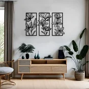 WallXpert metalni zidni ukras DCV-1099-MT, cvetovi i listovi u 3 rama, 3 dela, 22 x 50 cm, crni