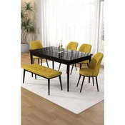 Hanah Home trpezarijski set Pir, sto, 4 stolice i klupa, ploca u dekoru crnog mermera, senf žuta tkanina Babyface