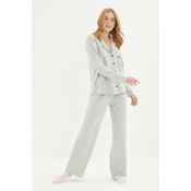 Trendyol Gray Cotton Embroidered Knitted Pajamas Set
