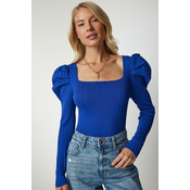Happiness Istanbul Womens Blue Square Collar Corduroy Knitwear Blouse