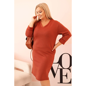 Kesi Włoski Plus Size womens dress with a V-neck and sleeves in butter color, red
