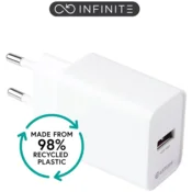 eSTUFF INFINITE polnilnik USB-A 18W EU, bel, Quick Charge, 98% recikl.