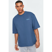 Trendyol Indigo Oversize 100% Cotton Crew Neck Minimal Text Printed T-Shirt