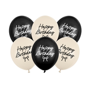 Lateks baloni Happy Birthday Bows, 6 kosov, črni in nude