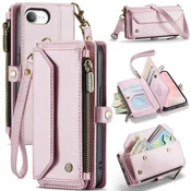 CaseMe Ovitek za iPhone 17e / 16e, usnjena denarnica z RFID, z naramnim trakom, roza