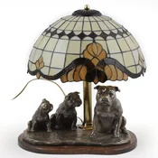 Ameriški staffordshire terier, Amstaff, Amstaf - svetilka z vitražnim senčnikom, namizna svetilka s kipcem psa, retro notranje oblikovanje Art-Dog
