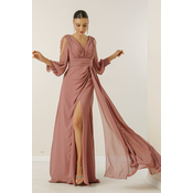 Saygi V-vrat dolga večerna obleka Chiffon z draping in podloženimi rokavi.