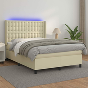Greatstore Box spring postelja z vzmetnico LED krem 140x190cm umetno usnje