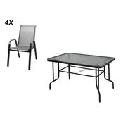 eoshop Vrtna jedilna garnitura 5-delna: jeklena miza s steklom + 4 textilenski stoli, črna