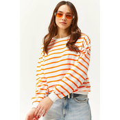 Olalook Womens White Neon Orange Basic Soft Textured Loose Sweatshirt