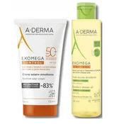 A-Derma Exomega Control emolientna krema za zaščito pred soncem – ZF 50+, 150 ml + A-Derma Exomega Control Emolientno čistilno olje za tuširanje, 150 ml