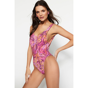 Trendyol Floral Patterned Round Neck Swimwear with Low-Cut Back Regular Leg