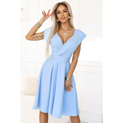 348-12 SCARLETT - flared midi dress with envelope neckline and belt - light blue
