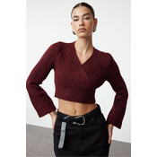 Trendyol Claret Red Crop Soft Textured Double Breasted Knitwear Sweater
