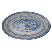Krožnik, oval , rižev porcelan, zmaj moder, rob zlate barve, set 1-3, cca 36 cm dolžine