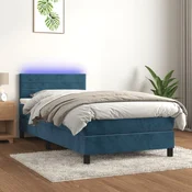Greatstore Box spring postelja z vzmetnico LED temno modra 90x200 cm žamet