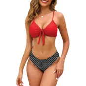 Ženske dvodelne kopalke bikini komplet Push-Up visok pas rdeče L, hitro sušeč elastičen material s 4-smernim raztezanjem, V-izrez in stransko zavezovanje, odporne na klor, za plažo, bazen in spa